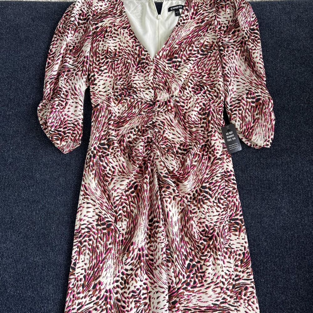 Express Dress Womens Small Multicolor Animal Print Ruched Wrap Long Party V Neck